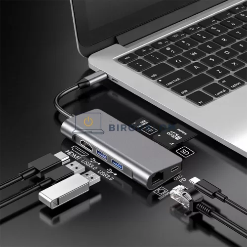 USB-C dokkoló, 7 az 1-ben, fix USB-C kábell (HDMI 4K@30Hz (2K@60Hz), 2x USB-A 3.0 (5 Gbps)) (OEM) (HW-TC39)