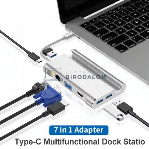 USB-C dokkoló, 7 az 1-ben (HDMI 4K@30Hz, VGA 1080p@60Hz, 2x USB-A 3.0 (5Gbps)) (OEM) (HW-TC20)