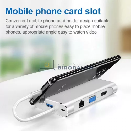 USB-C dokkoló, 7 az 1-ben (HDMI 4K@30Hz, VGA 1080p@60Hz, 2x USB-A 3.0 (5Gbps)) (OEM) (HW-TC20)
