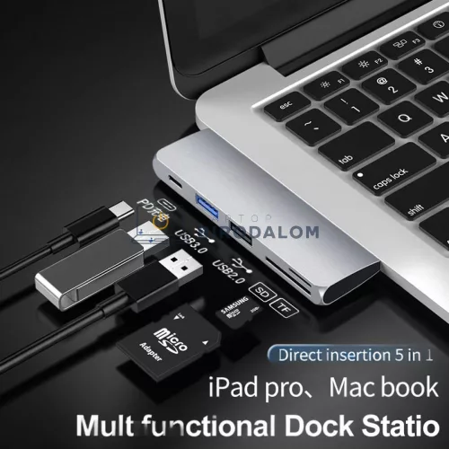 USB-C hub, 5 az 1-ben (1x USB-A 3.0 (5Gbps), 1x USB-A 2.0, SD kártyaolvasó) (OEM) (HW-TC40)