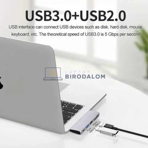 USB-C hub, 5 az 1-ben (1x USB-A 3.0 (5Gbps), 1x USB-A 2.0, SD kártyaolvasó) (OEM) (HW-TC40)