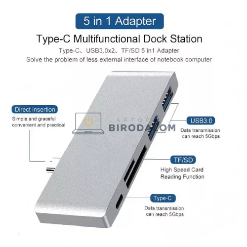 USB-C hub, 5 az 1-ben (2x USB 3.0 (5 Gbps), SD/TF kártyaolvasó, 2x Type-C port) (OEM) (CMP-11105)