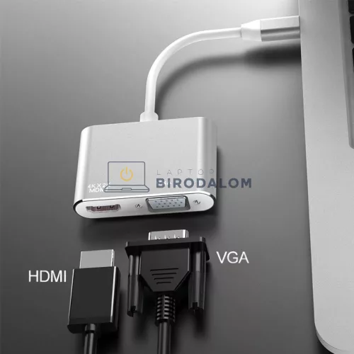USB-C videó átalakító, 2 az 1-ben videokimenet (HDMI, VGA) (OEM)