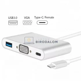 USB-C hub, 3 az 1-ben (VGA, USB 3.0, USB-C PD töltés) (OEM)