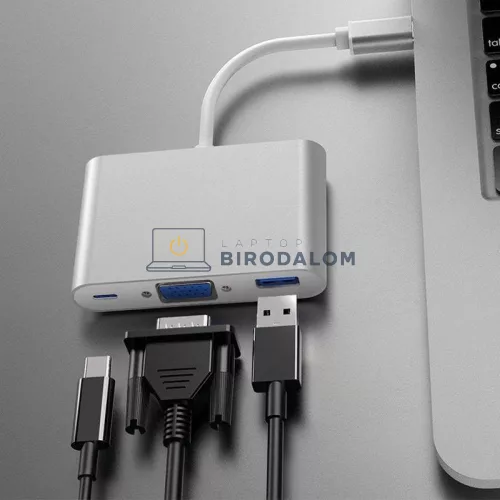 USB-C hub, 3 az 1-ben (VGA, USB 3.0, USB-C PD töltés) (OEM)