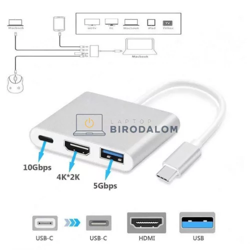 USB-C hub, 4 az 1-ben (USB 3.0 és USB 2.0 portok, összesen 4 port) (OEM)