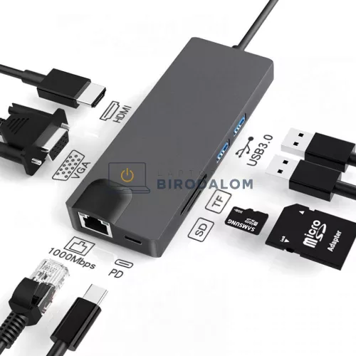 USB-C dokkoló (HDMI, VGA, USB hub, kártyaolvasó) (OEM)
