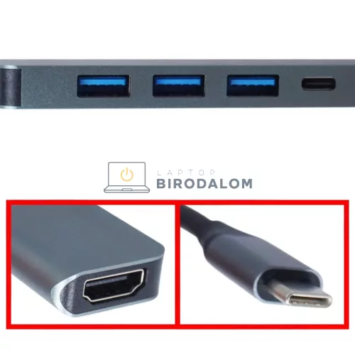 USB-C hub, 5 az 1-ben (HDMI 4K 30Hz, 1x USB 3.0, 2x USB 2.0, USB-C PD 100W) (OEM)