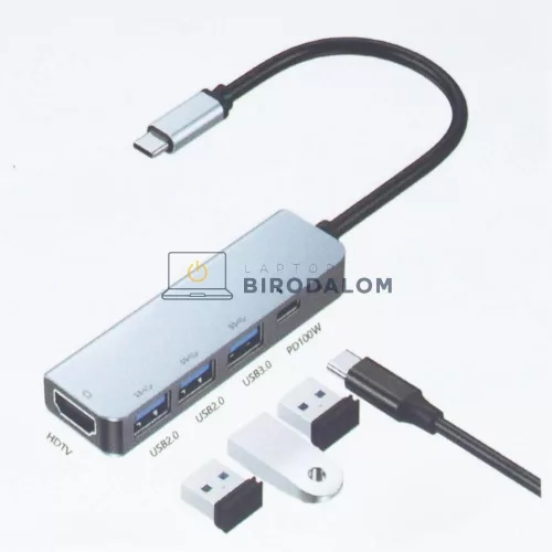USB-C hub, 5 az 1-ben (HDMI 4K 30Hz, 1x USB 3.0, 2x USB 2.0, USB-C PD 100W) (OEM)