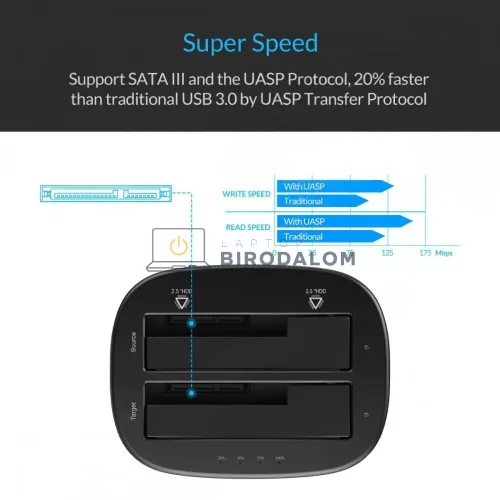 HDD dokkoló állomás, offline SSD/HDD klónozás szá (2x SATA férőhely (2.5"/3.5"), USB 3.0 csatlakozás) (OEM) (6228US3-C-B