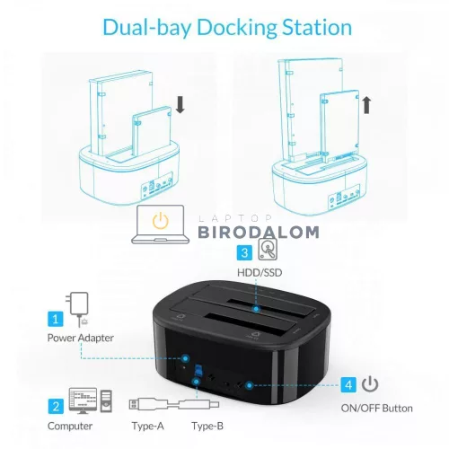 HDD dokkoló állomás, offline SSD/HDD klónozás szá (2x SATA férőhely (2.5"/3.5"), USB 3.0 csatlakozás) (OEM) (6228US3-C-B