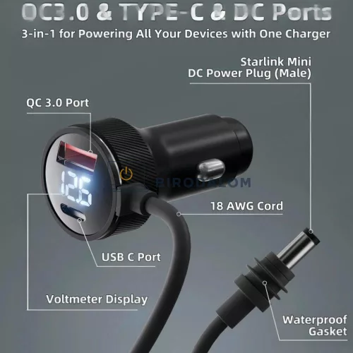 Starlink Mini autós töltőkábel 12V-48V, 3 m, digitális kijelzővel, USB-C PD 140W + USB-A 35W (OEM)