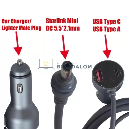 Starlink Mini autós töltőkábel 12V-48V, 3 m, digitális kijelzővel, USB-C PD 140W + USB-A 35W (OEM)