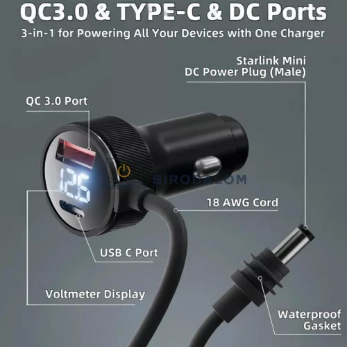 Starlink Mini autós töltőkábel 12V-48V, 3in1 USB-C PD 140W + USB-A 35W, digitális kijelző, 5 m (OEM)