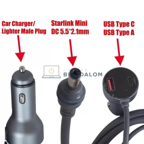 Starlink Mini autós töltőkábel 12V-48V, 3in1 USB-C PD 140W + USB-A 35W, digitális kijelző, 5 m (OEM)