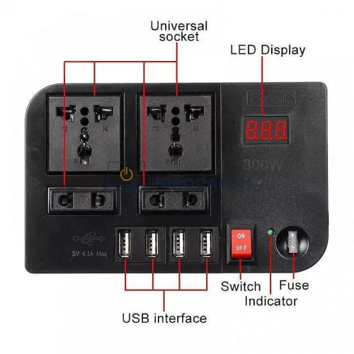 Starlink Mini / Andowl E8982 autós feszültség-átalakító (inverter), 300W, 12V DC → 220V AC, 4x USB