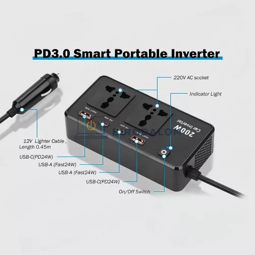 Starlink Mini autós inverter, 12V–220V, 200W (OEM) (MT-PC200Pro)