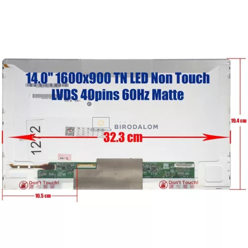 14.0" HD+ TN laptop kijelző, 40 pin bal, 1600×900 (LP140WD1, B140RW03)
