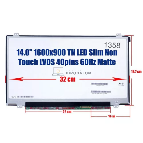 Lenovo ThinkPad T420, T420i, T420S, T430, T430i, T430S, Y460P 14.0" HD+ (1600x900) TN LED fényes laptop kijelző (40 pin, jobb)