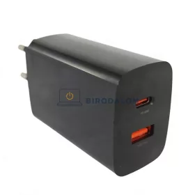 GaN 65W USB-C + USB-A gyors töltő adapter (iPhone, MacBook, Samsung, Huawei, tablet, fekete)