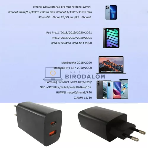 GaN 65W USB-C + USB-A gyors töltő adapter (iPhone, MacBook, Samsung, Huawei, tablet, fekete)