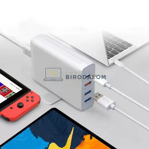 GaN 4 portos 75W utazó OEM gyors-töltő (1x USB-C + 3x USB-A, fehér) – Apple, Samsung, Nintendo
