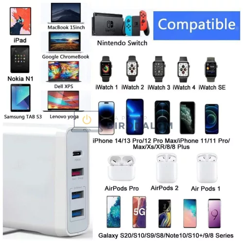 GaN 4 portos 75W utazó OEM gyors-töltő (1x USB-C + 3x USB-A, fehér) – Apple, Samsung, Nintendo