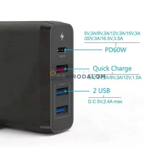 GaN 4 portos 75W utazó OEM gyors-töltő (1x USB-C + 3x USB-A, fekete) – Apple, HP, Samsung, Huawei, D