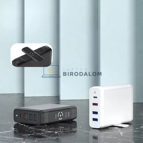 GaN 4 portos 75W utazó OEM gyors-töltő (1x USB-C + 3x USB-A, fekete) – Apple, HP, Samsung, Huawei, D
