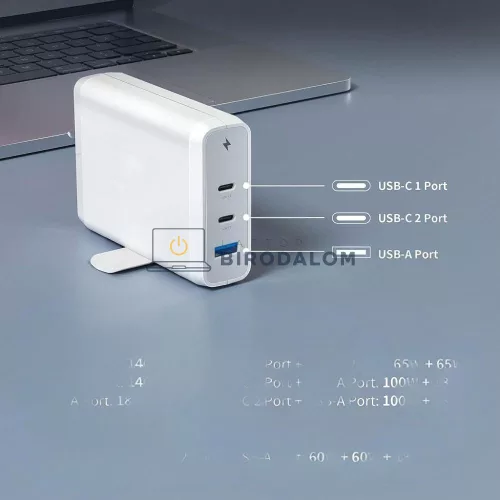 GaN 140W 3-portos (2× USB-C + 1× USB-A) univerzális laptop töltő, fehér