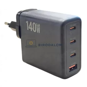   GaN 4 portos 140W OEM gyors-töltő (1x USB-A + 3x USB-C, fekete) – Apple, Dell, HP, Samsung, Google