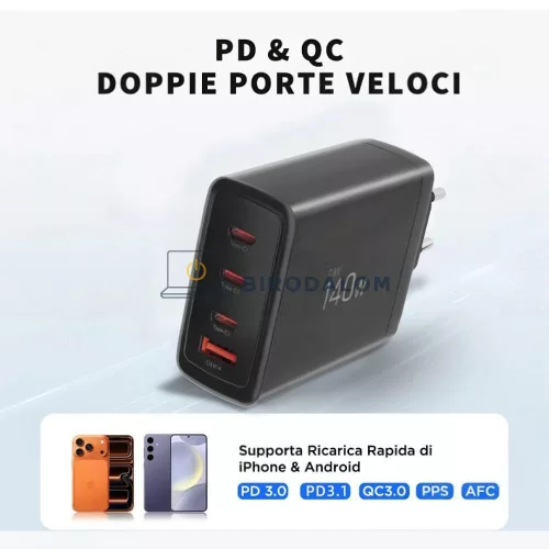 GaN 4 portos 140W OEM gyors-töltő (1x USB-A + 3x USB-C, fekete) – Apple, Dell, HP, Samsung, Google