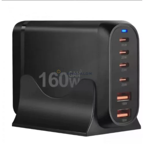 GaN 6 portos 160W OEM gyors-töltő (2x USB-A + 4x USB-C, fekete)