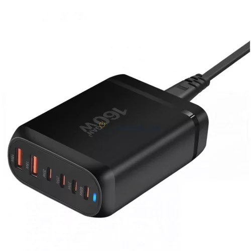 GaN 6 portos 160W OEM gyors-töltő (2x USB-A + 4x USB-C, fekete)