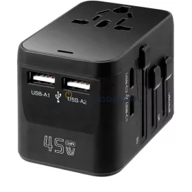 Universal GaN 45W 4 portos gyors-töltő (2× USB-A + 2× USB-C PD), fekete