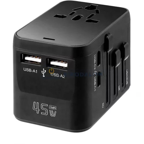 Universal GaN 45W 4 portos gyors-töltő (2× USB-A + 2× USB-C PD), fekete