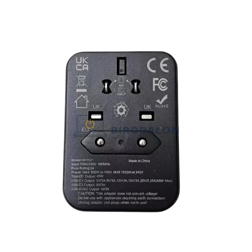 Universal GaN 45W 4 portos gyors-töltő (2× USB-A + 2× USB-C PD), fekete